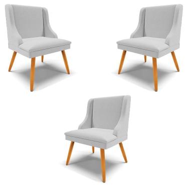 Imagem de Kit 3 Cadeiras Decorativas Sala De Jantar Pés Palito De Madeira Linho Cinza/natural