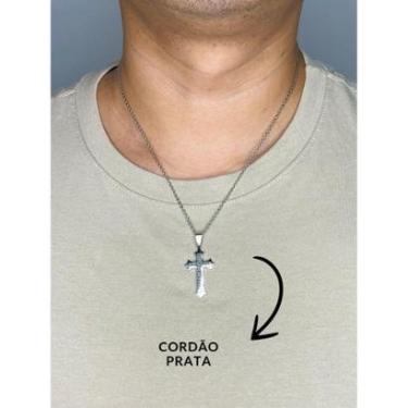 Imagem de Cordão Corrente 50cm Pingente Cruz Crucifixo Oração Pai Nosso Prata Dourado Aço Inox-Unissex