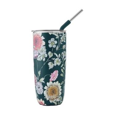 Imagem de S'well Copo de aço inoxidável com canudo e tampa deslizante, 680 g, recipientes isolados a vácuo de camada tripla Midnight Botanical mantém as bebidas frias por 18 horas e quentes por 5, livre de BPA
