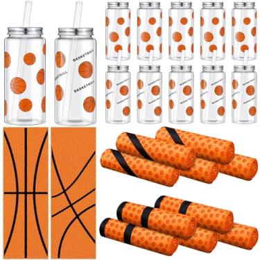 Imagem de SmoothNovelty Conjunto de 24 peças de copos de plástico de basquete de 500 ml, inclui 12 copos com tema esportivo com canudo e tampa, 12 toalhas de gelo para lembrancinhas de festa esportiva