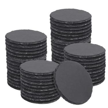 Imagem de Pacote com 55 porta-copos redondos de ardósia de 10 cm, porta-copos de pedra preta com fundo antiarranhões, ideal para decoração de casa, bar, presentes de inauguração de casa e gravação a laser