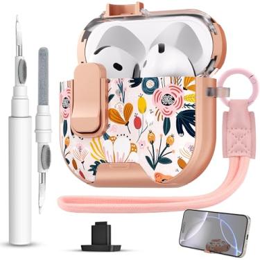 Imagem de Meiyasy Capa protetora bloqueável para AirPods 4 gerações, capa rígida estilo feminino com kit de limpeza e alça de mão para Apple AirPods 4 (pétalas de palmeira)