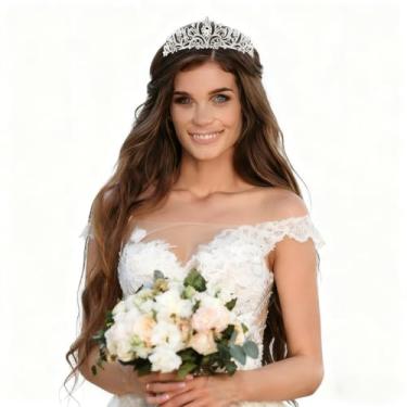 Imagem de Coroa de prata para mulheres, tiara rainha de cristal com strass, tiara elegante de princesa para casamento, noiva, festa de aniversário, baile de formatura ou fantasia de cosplay