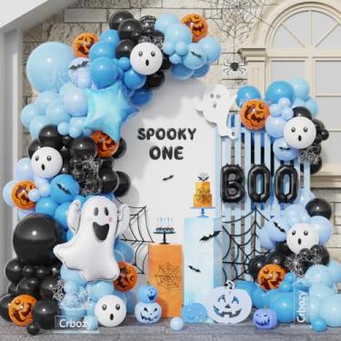 Imagem de Kit de arco de balão A Little Boo Is Almost Due Balões de látex preto azul laranja com balões Boo e Ghost Foil Balloons, 152 peças para A Little Boo Is Almost Due Baby Shower Decorações de festa de