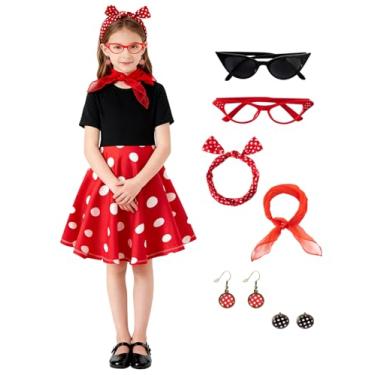 Imagem de bakjuno Vestido vintage para meninas anos 1950, retrô dos anos 50, fantasia de Halloween para festa de bolinhas, Vermelho, 10 Anos