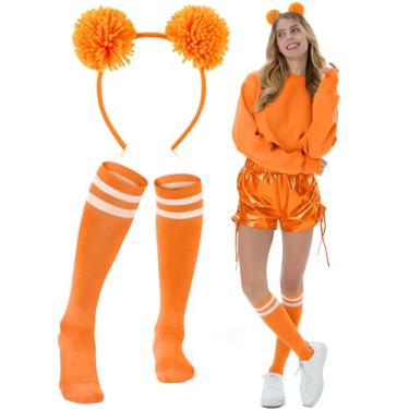 Imagem de Simlakey Acessórios para fantasia de urso de Halloween, faixa de cabeça e meias, orelhas de urso fofas, cosplay (laranja)