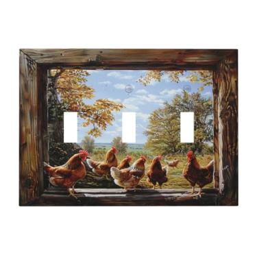 Imagem de SgEdao Capas decorativas para interruptores placa de janela de madeira galo cenário rural placa de parede de 3 grupos placa de interruptor de luz tripla grande placa jumbo para decoração de quarto e