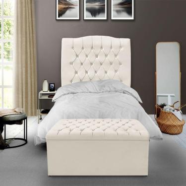 Imagem de Kit Cabeceira E Calçadeira Baú Dunas Solteiro 90 Cm - Veludo Bege Claro