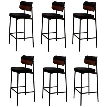 Imagem de Banqueta Alta Bar Estofada Kit 6 Ella M25 Linho Preto-whisky - Mpozenato