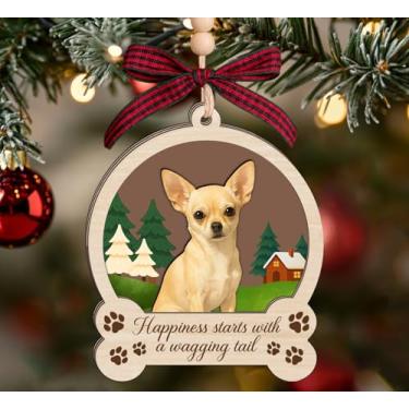 Imagem de Enfeite de Natal de madeira Chihuahua - Lembrança de cachorro de 3 camadas - Presente memorial de animal de estimação para amantes de cães - Decoração de Feliz Natal - Enfeite de madeira de 7,5 x 10,2