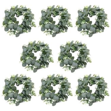 Imagem de Anéis de vela de decoração de vegetação de simulação redonda, 8 peças, grinaldas pequenas de 25 cm de diâmetro, flores brancas, centros de mesa de festa de casamento castiçais