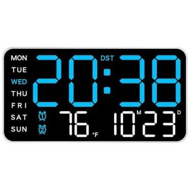 Imagem de Relógio de parede digital moderno com luz de fundo LED, visor grande, alarme duplo, indicadores de temperatura e umidade, painel preto, ideal para quarto