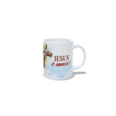 Imagem de Caneca Cristã em Cerâmica, Jesus é o Caminho a Verdade e a Vida, Decorativa com Cruz Floral, Turquesa e Branca, 325ml (18066)