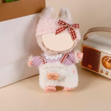 Imagem de Compatível com Labubu (sem boneca) – Top de malha e macacão de pelúcia de urso + conjunto de faixa de cabeça com laço xadrez para bonecas de pelúcia de 15 cm/17 cm, acessórios de roupa de boneca fofa