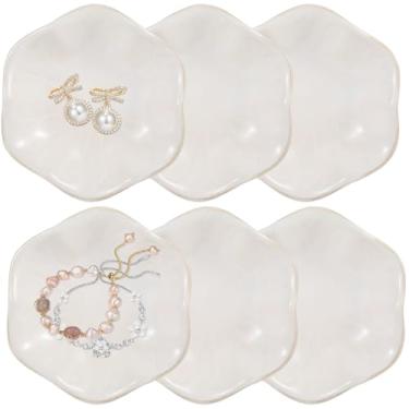 Imagem de Conjunto de 6 pequenas bandejas de joias de cerâmica, suportes de anel branco em forma de folha de lótus, tigelas de bugiganga de borda dourada, prato chave para penteadeira de quarto