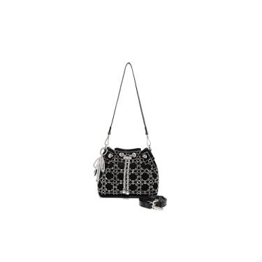 Imagem de Bolsa feminina xadrez enfeitada com cristal preto com cordão e alça de ombro ajustável para noite, Preto, Small, Bolsa quadrada pequena transversal