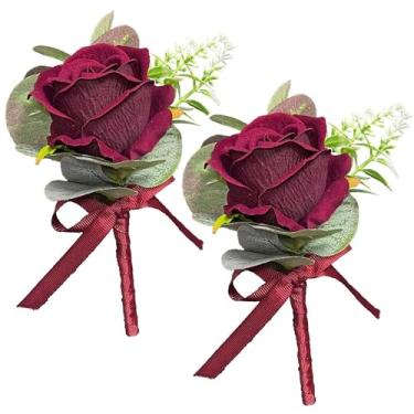 Imagem de Rinlong 2 peças de boutonnieres bordô para homens de casamento com alfinetes para noivo, padrinho artificial, baile de formatura, flores