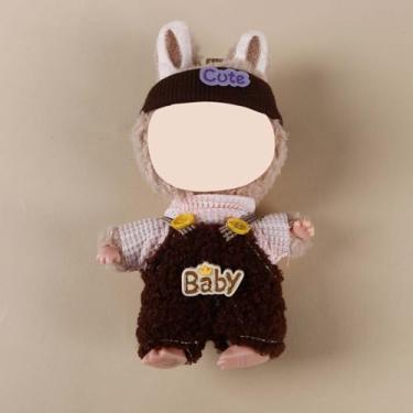 Imagem de Compatível com Labubu (sem boneca) - Conjunto xadrez rosa-marrom e felpudo (faixa de cabeça fofa + top xadrez + macacão de decoração de bebê), roupas de boneca de 15 cm/17 cm (rosa-marrom)