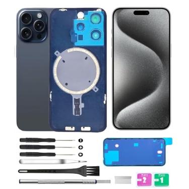 Imagem de Yuntunele Tampa traseira de vidro (inclui vidro de lente, suporte, ímã) Substituição compatível com iPhone 15 Pro Max Todas as operadoras com conjunto de ferramentas profissionais (azul)