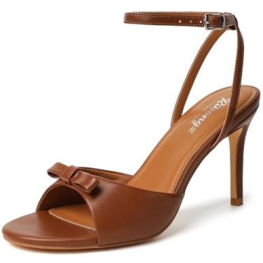 Imagem de RIBONGZ Sandálias femininas de salto alto, bico redondo, bico aberto, sexy, gatinha, salto agulha, tira no tornozelo, sapatos de noiva com laço, verão, festa de casamento, casual, escritório, trabalho