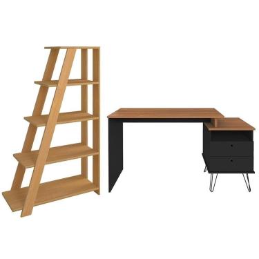 Imagem de Mesa Escrivaninha Industrial E Estante Livreiro Stela A06 Preto/freijó - Mpozenato