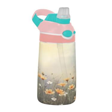 Imagem de ATTX Garrafa de água colorida de flores silvestres de 473 ml – Garrafa de água reutilizável Tritan Sports & Travel com canudo e tampa de bico pop-up #415