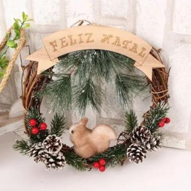 Imagem de Guirlanda de Natal 23cm com Placa “Feliz Natal”, Pinhas e Esquilo – Enfeite Decorativo para Porta, Parede e Ambientes Internos