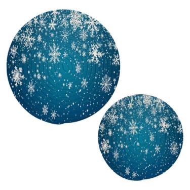 Imagem de Blueangle 2 peças de suporte de panela com flocos de neve caindo - conjunto de pegadores de panela de tecido redondo - almofadas quentes trançadas de algodão - porta-copos - tapetes de mesa para