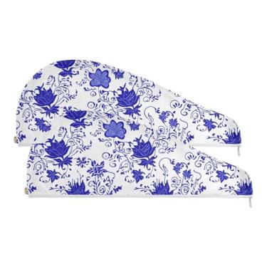 Imagem de SEHANY Bohemia Toalha de cabelo de microfibra flor azul para mulheres 2 peças turbantes de cabelo de secagem rápida com botão, touca de cabelo seco absorvente toalha de secagem de cabelo para cabelos