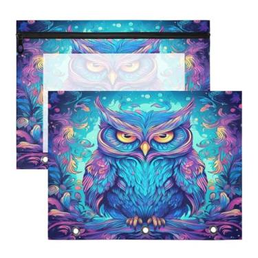 Imagem de ATTX Pacote com 2 bolsas de fichário de coruja neon – Bolsa impermeável com zíper de 3 anéis com janela transparente, acessórios de material de escritório para estojos de lápis e organizador de