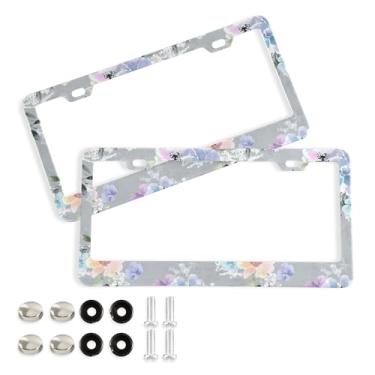 Imagem de SEHANY Molduras de placa de licença de flores florais coloridas, capas de moldura de placa de carro de alumínio à prova de ferrugem com orifícios elípticos e parafusos serve para veículos padrão dos