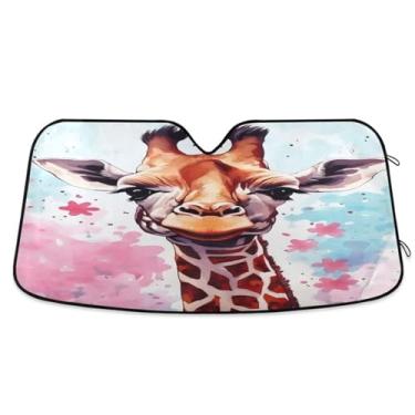 Imagem de ATTX Pára-brisas de carro com pintura de girafa 134.6 cm x 59.7 cm Escudo solar universal com proteção UV, persiana de janela frontal automática dobrável para caminhões Sedans SUVs #246