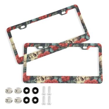 Imagem de SEHANY Molduras de placa de carro vintage rosa crânio, capas de alumínio à prova de ferrugem com furos elípticos e parafusos serve para veículos padrão dos EUA tamanho acessórios de carro para