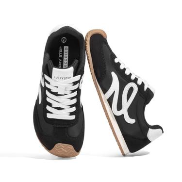 Imagem de LUCKY STEP Tênis feminino retrô moderno clássico casual sola fina bonito confortável couro genuíno tênis leve moderno tênis de caminhada, Preto, 38