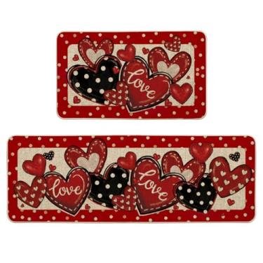 Imagem de Artoid Mode Conjunto de 2 tapetes de cozinha Red Dot Heart Love Valentines para decoração de casa de baixo perfil - 43 x 73 cm e 43 x 128 cm