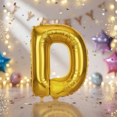 Imagem de Balões grandes de letras douradas D de 81 cm, balões Dlphabet preenchidos com hélio para festas de aniversário e decorações de aniversário, suprimentos de decoração de festa de ouro grande