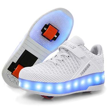 Imagem de Ufatansy tênis de skate com rodinhas recarregáveis USB para meninos e meninas, tênis fashion com rodas, superfície de malha confortável, dia de Ação de Graças, melhor presente de Natal, J-double White, 6.5 Big Kid