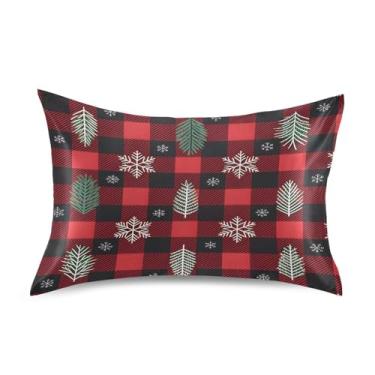 Imagem de Wassud Fronha de cetim xadrez de floco de neve de Natal para cabelo e pele fronhas de seda lisa Queen Size Capas de travesseiro respiráveis com fecho de envelope