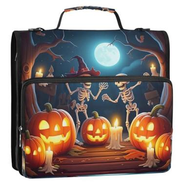 Imagem de Wassud Halloween Pumpkins Sketelons fichário com zíper 3 anéis com alça de ombro e alça Trapper Keeper vários bolsos expansível organizador de pasta de arquivos