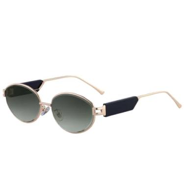 Imagem de JRLLFD Óculos de sol femininos ovais pequenos de metal de luxo, moda punk, masculino, para dirigir ao ar livre, UV400 (dourado, cinza, verde)