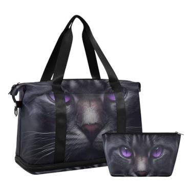 Imagem de STAYTOP Bolsa de ginástica de gato de olhos roxos para mulheres e homens, à prova d'água, esportiva, viagem, bolsa de fim de semana com bolso molhado para viagem, academia, ioga, natação