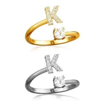 Imagem de ABJFJE Anéis femininos ajustáveis com letras prateadas douradas delicadas zircão cristal inicial empilhável anel moderno joia exclusiva presente 2 peças, Latão, Cristal