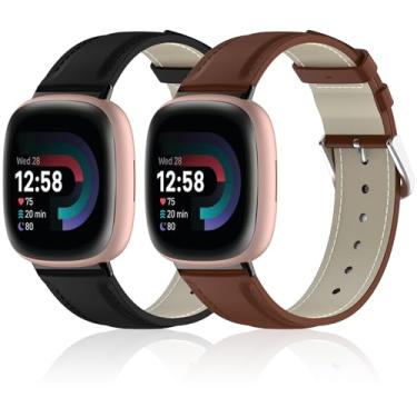 Imagem de Lzwldan Pacote Com 2 Pulseiras De Couro Compatíveis Fitbit Sense/Versa 3 - Pulseira Substituição Genuína E Macia Para Smartwatch Versa 4/Sense, Feminino Masculino