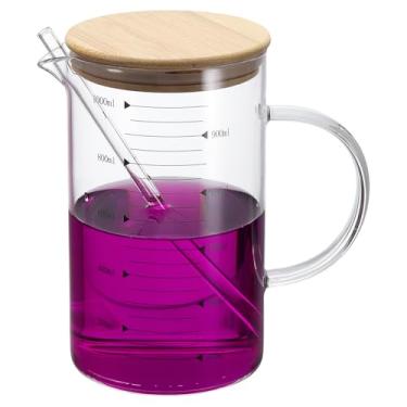 Imagem de PATIKIL Copo medidor de vidro de 1000 ml, copo de vidro borossilicato, copos graduados de medição líquida com tampa de madeira, bico em forma de V para cozinha, bebendo, restaurante, balança impressa