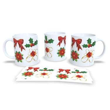 Imagem de Caneca de Cerâmica Natalina com Desenhos Decorativos, 325ml, Branca com Estampa de Enfeites em Verde, Vermelho e Azul, Conjunto com 4 Peças (20)