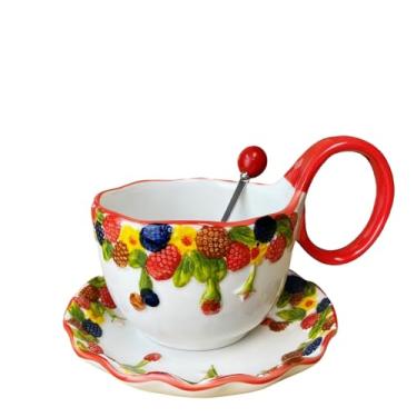 Imagem de RiJinDuoJin Tigela de sopa segura para micro-ondas de 500 ml com alça de laço, caneca decorativa em relevo pintada à mão com alça grande (framboesa)