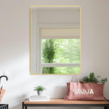 Imagem de xixi-home Espelho de banheiro 59,9 x 80 cm Espelho de parede retangular emoldurado de metal moderno decorativo espelho de vaidade de canto quadrado espelho de fazenda (quadrado dourado)