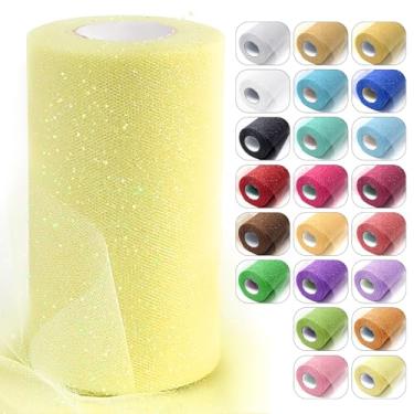 Imagem de Rolos de tecido de tule amarelo claro com glitter, 15,8 cm x 50 m, fita de carretel cintilante, rede de lantejoulas para bricolage, saia tutu, decoração de casamento, chá de bebê, festa de aniversário