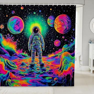 Imagem de jejeloiu Cortina de chuveiro colorida astronauta 183 cm x 198 cm Galaxy Hippie Graffiti Cortina de banho meninos meninas adolescentes universo planetas conjunto de cortina de chuveiro à prova d'água