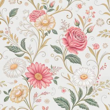 Imagem de ReWallpaper Papel de parede floral vintage de 17,5 pol. x 23 pés Cottagecore gasto chique rosa botânico rosa flor silvestre remover cobertura de parede para banheiro quarto acento de parede amigável